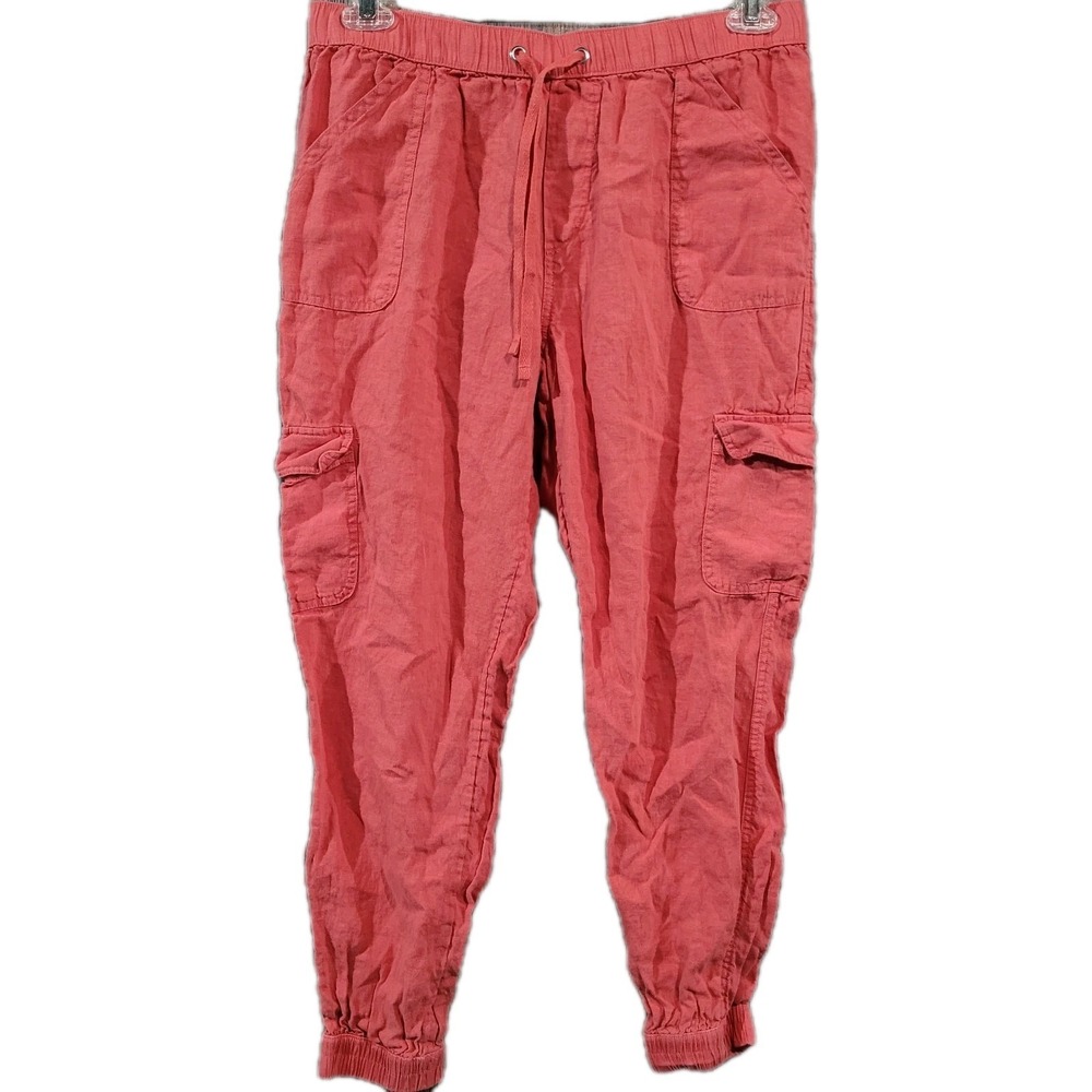 Nicole Miller Linen Cargo Jogger Pants Sz L x 26 Pink European Flax Beach Resort